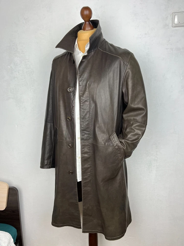 GIMOS Dark-Brown Soft Leather Collared Single-Breasted Long Overcoat 40US50IT - Image 1 of 4