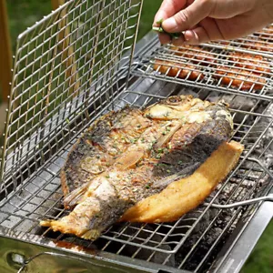 BBQ Grilling Basket Mesh Rack Barbecue Handle Outdoor Garden Meat Burger Fish - Picture 1 of 22
