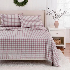 MARTHA STEWART Holiday Lodge Plaid 100% Cotton Flannel Sheet Set, Red/Gray, 4 Pi - Picture 1 of 12