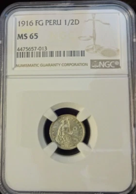 1916 FG Peru 1/2 Dinero Silver Coin - NGC MS65 - Image 1 of 4