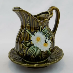 Vintage Keramik Bambus mit weißen Blumen Tiki Japan Krug & Untertasse - Bild 1 von 11