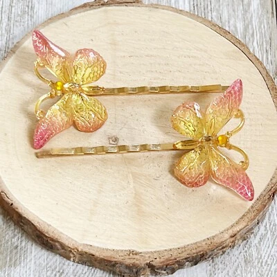 Pink & Yellow Gold Butterfly Hair Pins - Image 1 of 4
