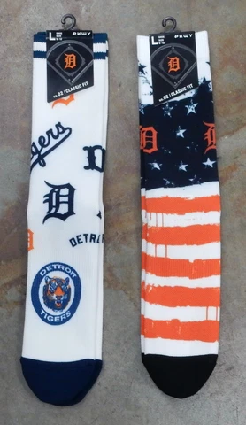 Detroit Tigers 2 Pack Gift Socks Large Men's Stripe Crew USA FLAG Logo Mix Dress Cover