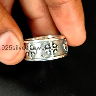 Anillos con banda de cruz de Jerusalén de plata de ley 925 hechos a mano joyas unisex P#473 Foto 1 de 4