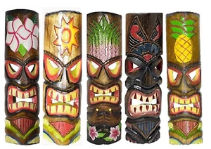 20" of 5 TIKI MASK TROPICAL ISLAND WOOD HAWAIIAN POLYNESIAN WALL ART BAR TONGUE - Picture 1 of 1
