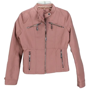 Jou Jou Moto Jacket Girls Size L 14/16 Pink Faux Leather Full Zip Long Sleeves - Picture 1 of 6