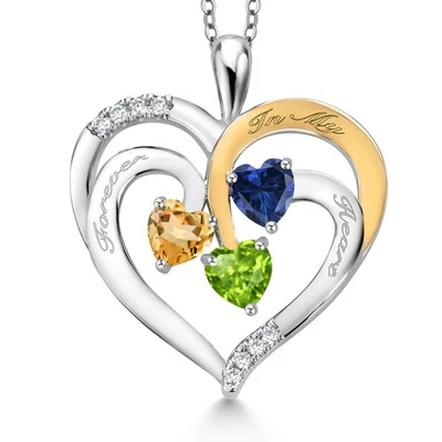 1.46 Ct Yellow Citrine Blue Created Sapphire Rhodium Plated Pendant with Chain - Image 1 of 3