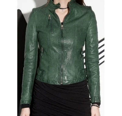 Mujer Chaqueta de Cuero Verde Slim Fit Piel de Cordero Cuero Dama Abrigo de Cuero  Foto 1 de 4