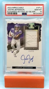 2023 Impeccable Justin Jefferson Elegance Vet Patch Auto /15 PSA 10 POP 1 - Picture 1 of 3