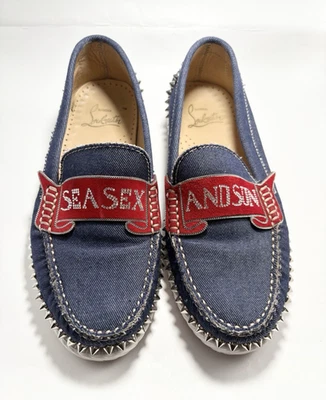 Mocasines Christian Louboutin "Sex and Sun" rojos y azules denim picos talla 35 5 Foto 1 de 4