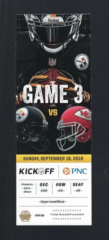 PAT MAHOMES 6 TDs - 2018 NFL KANSAS CITY CHIEFS @ STEELERS FULL FOOTBALL TICKET Cover