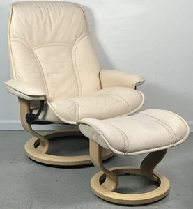 Ekornes Stressless Large Cream Leather Governor Swivel Recliner Chair & Ottoman - Picture 1 of 18