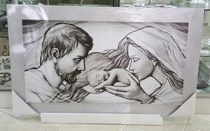 QUADRO SACRA FAMIGLIA CAPEZZALE STAMPA SU TELA LEGNO DECORO ARGENTO GLITTER - Imagen 1 de 1