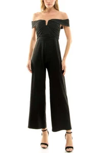 Nicole Miller Off Shoulder Ruched Front Zipper Back Solid Scuba Jumpsuit - Picture 1 of 3