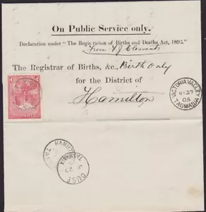 TASMANIA 1905 Birth notice VICTORIA VALLEY cds to Hamilton T perfin 1d......5699 - Picture 1 of 1