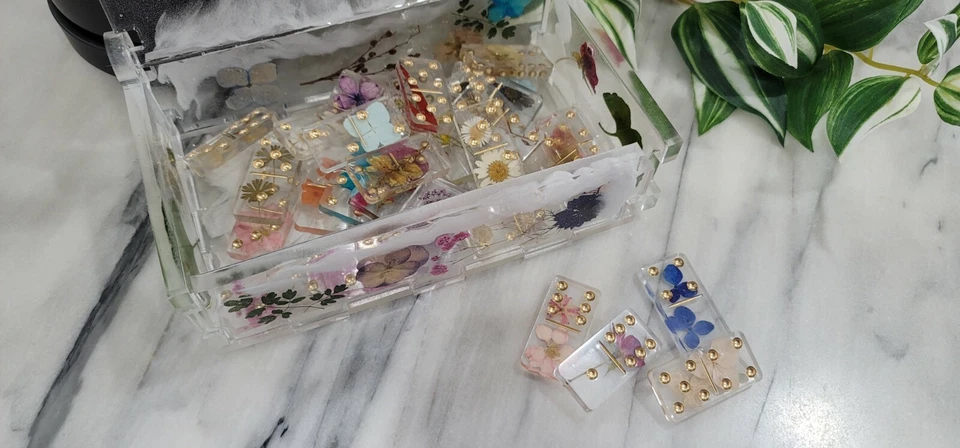 Handmade Resin Art Dried Pressed Flowers Clear Dominoes with Box Domino Set gift - Image 1 of 4