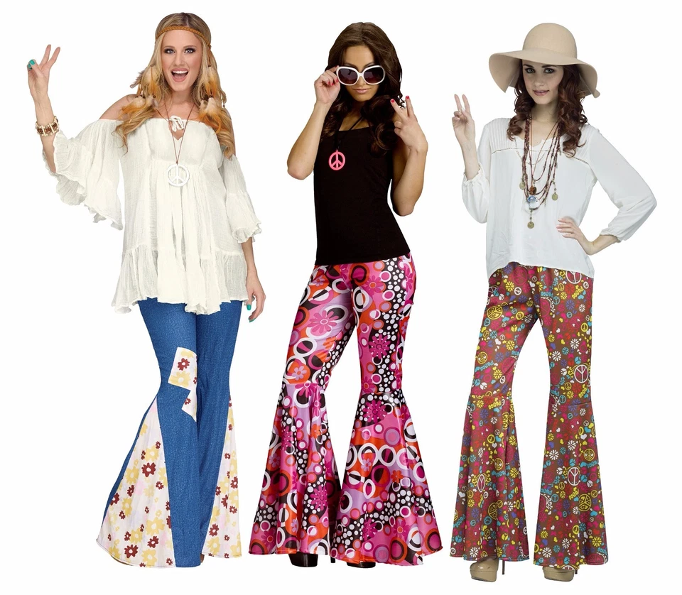 Adult 60s 70s Hippie Groovy Flower Child Bell Bottom Denim Peace Pants Costume - Image 1 of 1