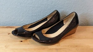 Cole Haan - Air Tali Peep Toe Wedges - Women US Size 5.5 B (Narrow) Black Patent - Picture 1 of 8