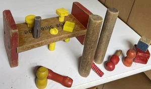 VTG 1960s Era Mixed Lot Wood Toys Blocks PLAYSKOOL Wooden Pounding Bench - Picture 1 of 13
