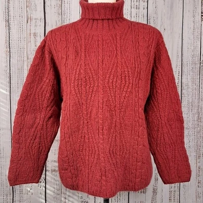 L.L. Suéter de lana Bean para mujer M rojo Aran tejido con cable cuello alto grueso Irlanda Foto 1 de 4