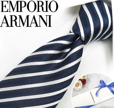 EMPORIO ARMANI Tie Necktie 100% Silk Navy/White Width 7.5cm Made in Italy Men's - Image 1 of 4