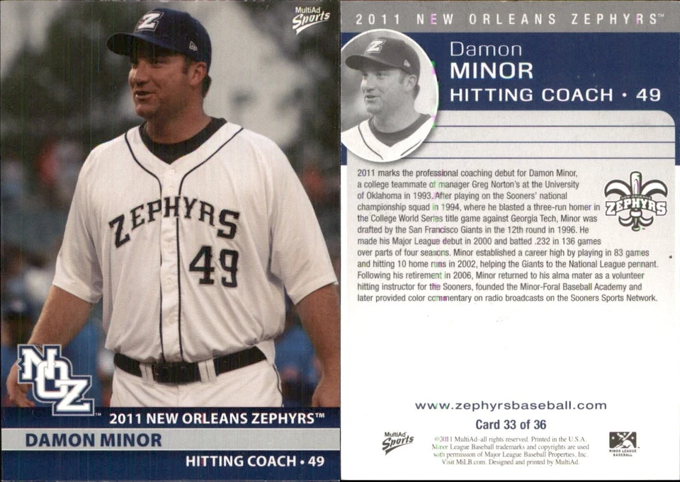 Damon Minor 2011 MultiAd New Orleans Zephyrs #33 RC FREE SHIP *AutographDen* - Image 1 of 1
