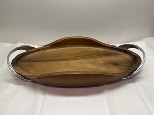 Nambe Bella Wood Handle Tray Metal Handles Acacia Serving Platter Oval - Picture 1 of 8