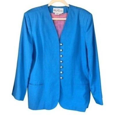 Chaqueta Blazer T6 Años 80 Vintage Oleg Cassini Azul Cerúleo Cuello en V Colombia Foto 1 de 4