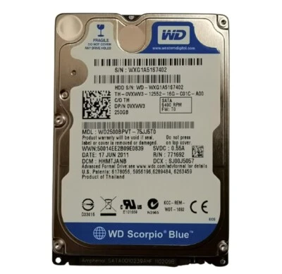 Western Digital 250GB WD2500BPVT 5400RPM SATA 2.5" Notebook HDD Hard Drive - Image 1 of 4