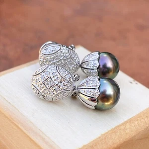 Estate 18KT White Gold Pave Diamond Filigree Omega Back Tahitian Pearl Earrings - Picture 1 of 10