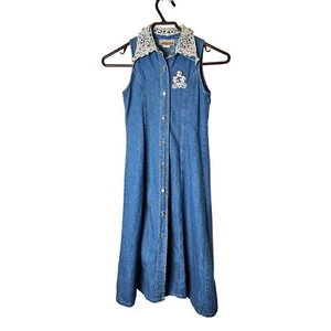 Vintage Storybook Heirloom Childs Denim Midi Dress Lace Collar Floral USA Size 8 - Picture 1 of 11