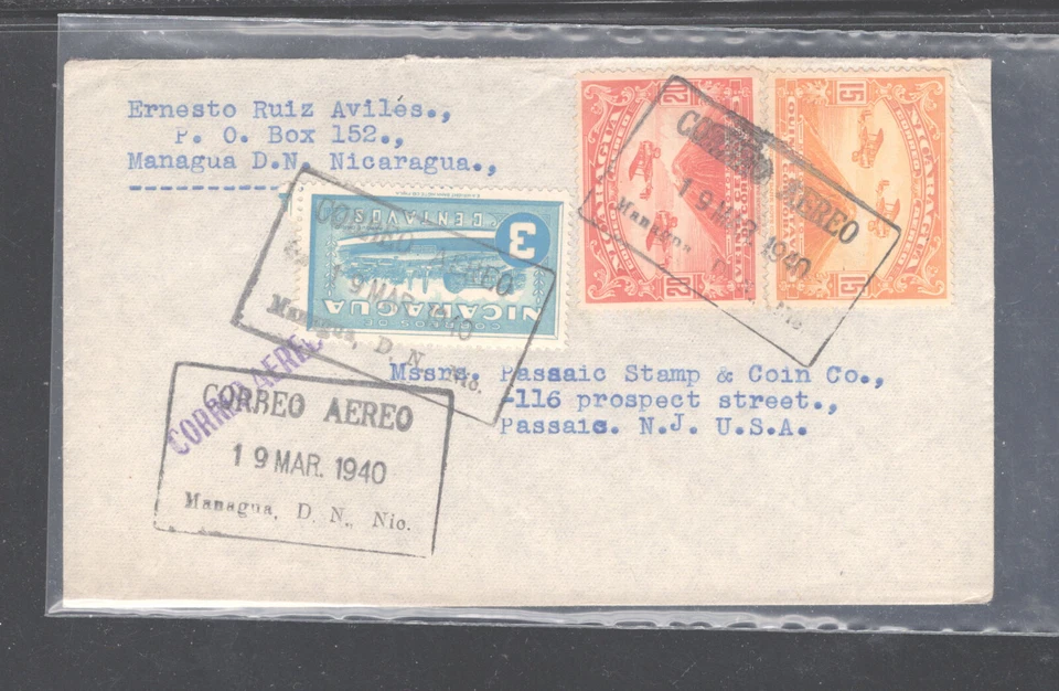 Cubierta de correo aéreo de Nicaragua a distribuidor de sellos de Estados Unidos 1940 Foto 1 de 1