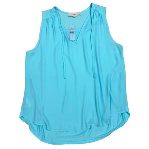 NWT LOFT Petites Split Tie Neck Mixed Media Shell Sleeveless Top Blue Size LP - Picture 1 of 8