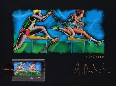 Original Grafik + Telefonkarte Andrzej Dudzinski Olympia 1992 Hürdenläufer sign. - Bild 1 von 3