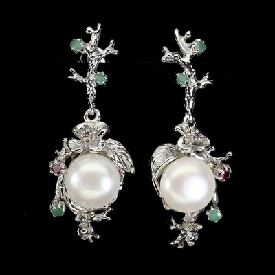 925 Orecchini Argento Sterling Rotondo Smeraldo Rodolite Perla Gemma Gioielli - Immagine 1 di 4