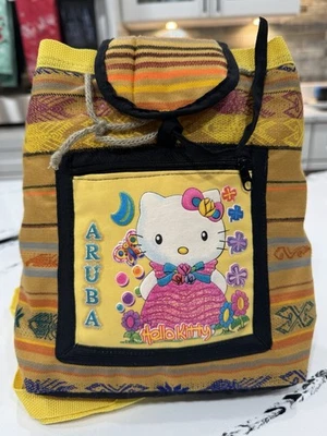 Hello Kitty Aruba Souvenir Woven Backpack Yellow Boho Mexican Style 11x10x3 - Image 1 of 4