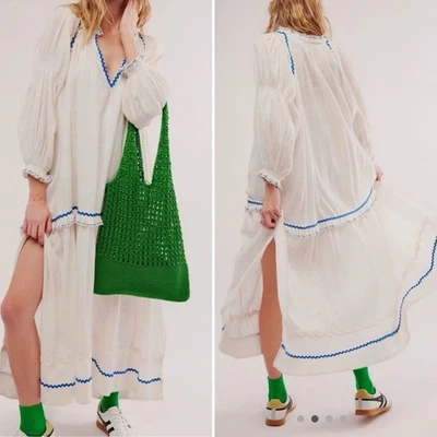 Free People Thank Me Later Maxi Midi Dress Tiered Ric Rac Flowy Oversized XS - Image 1 of 4