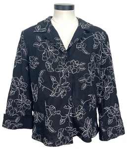 Jones Wear Women’s Blazer Jacket Sz L Button Up Black Embroidered Floral 3/4 SLV - Picture 1 of 10