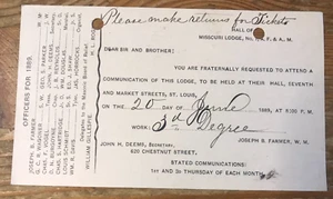1889 Cartolina Massonica Invito Missouri Loggia San Luigi Salida Massone - Foto 1 di 3