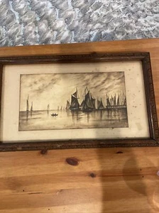 vintage sketch of boats in water framed - Picture 1 of 9