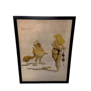 Frank Frazetta 1979 Goofy Caveman with Topless Cavewoman Print 12x16 Framed RARE - Imagen 1 de 5