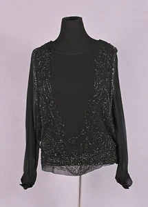 VTG Women's 20s Sheer Black Beaded Blouse Sz L 1920s - Picture 1 of 10
