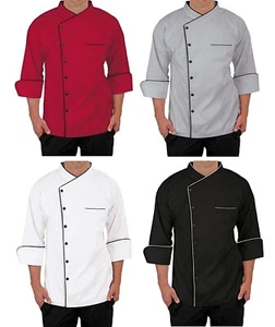Mens Chef Coat Short Sleeve Jacket Piping Design Kitchen Work Uniform Cotton - Picture 1 of 9
