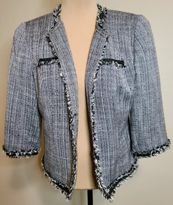 Blazer Coldwater Creek Tweed Recortado Tejido Negro Forrado Frontal Abierto Flecos Talla 12 Foto 1 de 4