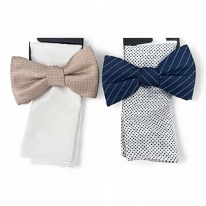 Alfani Men's Bow Tie & Pocket Square 2-Pack Set Pre-Tied Navy Taupe Stripe $110 - Picture 1 of 2