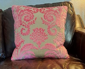 Beige Cushion Pillow With Embroidered Pink Velvet Floral Pattern  - Picture 1 of 6