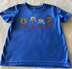 Gap Kids Star Wars Boys Blue Pixel Yoda Chewbaca Short Sleeve Shirt 4-5 - Picture 1 of 5