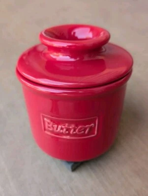 Original L. Tremain French Butter Dish/Crock Red Porcelain Stick Soft Spreadable - Image 1 of 4