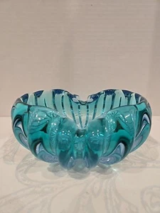 Vintage Murano gerippt italienische Kunst Glas Schale Schale Aschenbecher Barbini türkis blau - Bild 1 von 20