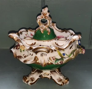 Regency Coalport Hand Painted & Encrusted Flower Porcelain Inkwell - Rare Mark - Picture 1 of 10